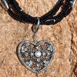 Top seller Multi Strand Black,Silver & Crystal Necklace w Silver & Crystal Heart